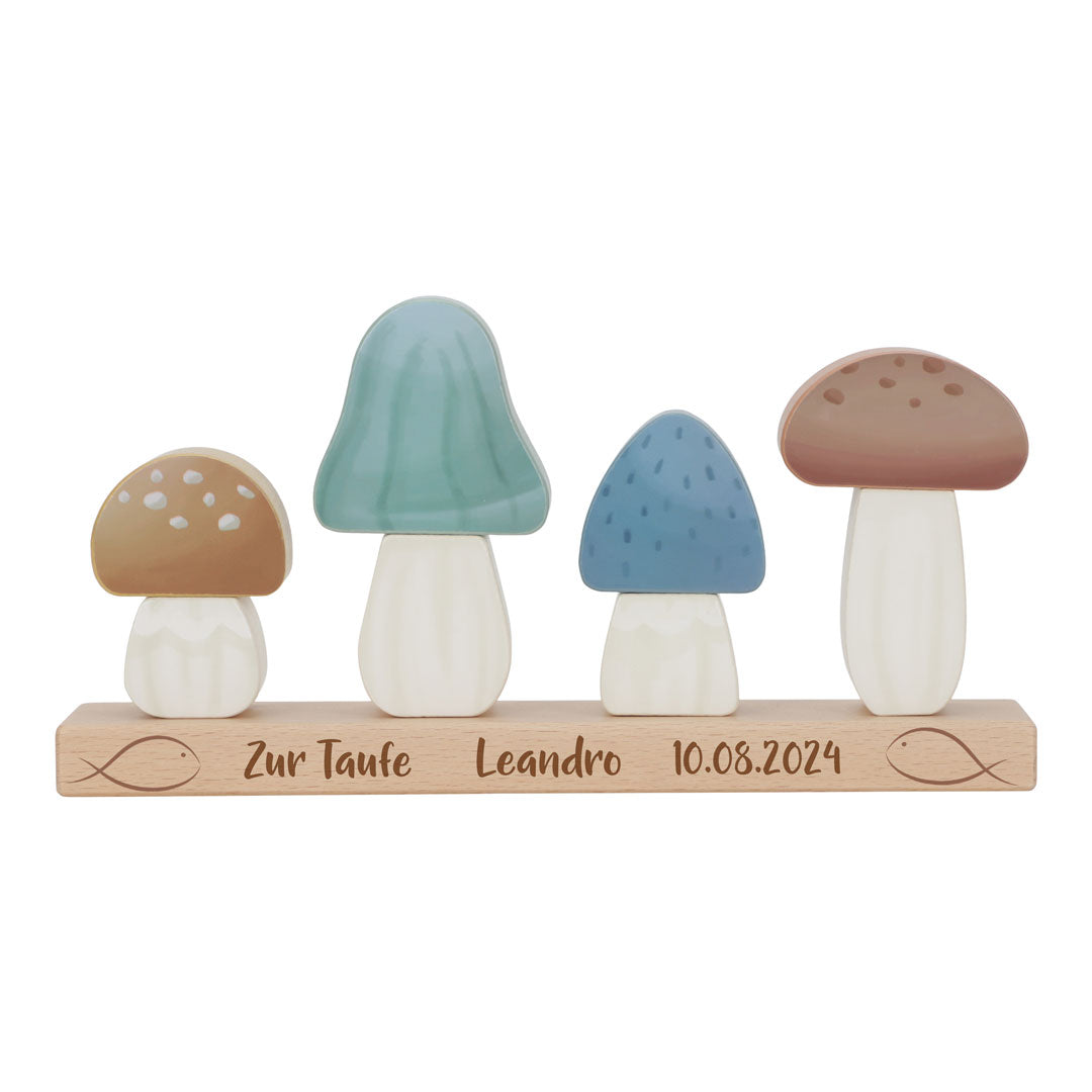 Personalisierte Little Dutch Stapel-Pilze Forest Friends zur Taufe mit Lasergravur – Holzspielzeug als persönliches Taufgeschenk
