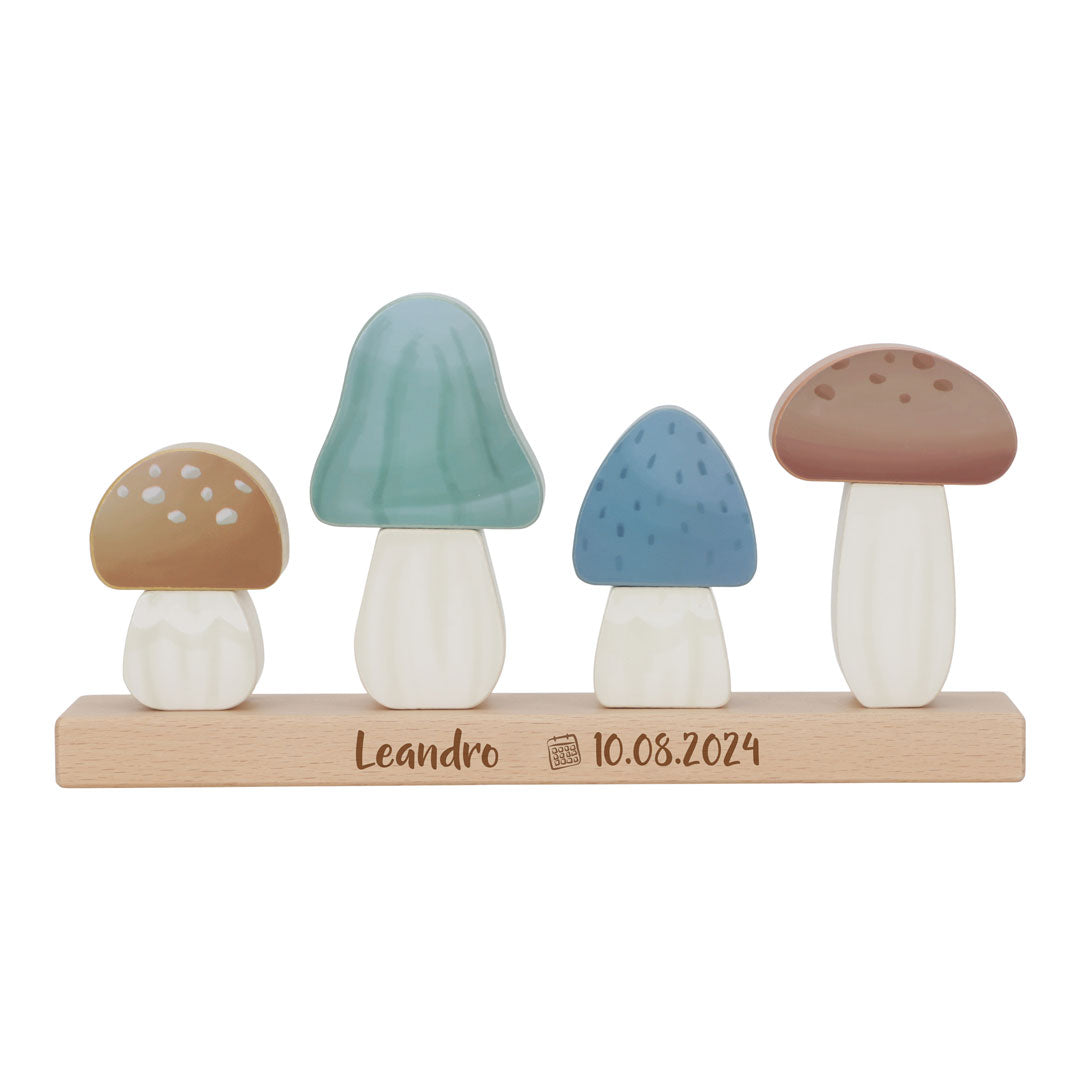 Personalisierte Little Dutch Stapel-Pilze Forest Friends mit Name und Datum – mehrfarbiges Holz-Stapelpuzzle für Babys ab 12 Monaten