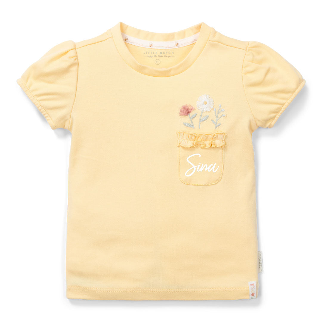 Little Dutch T-Shirt Honey Yellow in Größe 74 mit Puffärmeln und Brusttasche