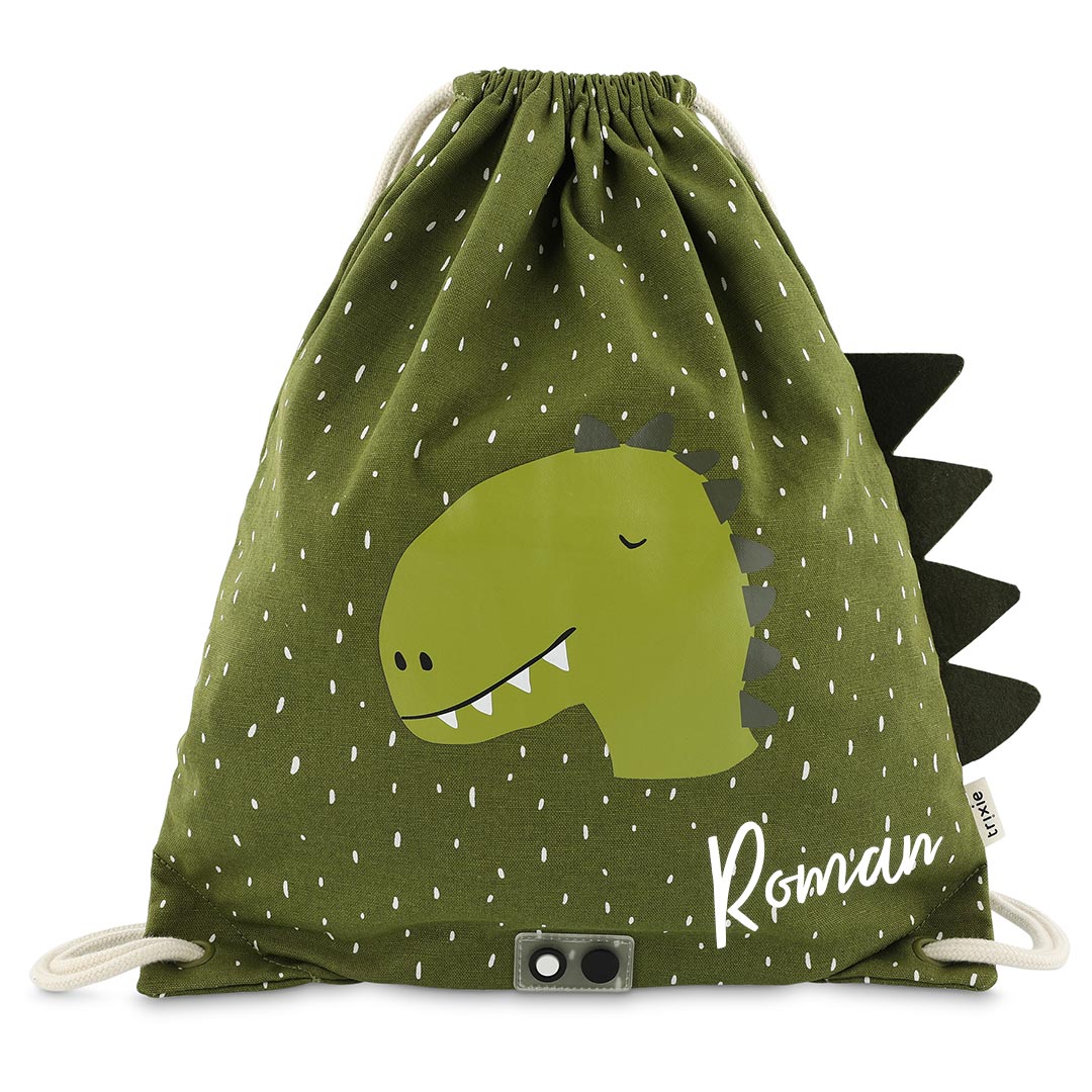 Personalisierter Trixie Sportbeutel Herr Dino mit Name – Kinder-Turnbeutel mit Dinomotiv für Sport, Schwimmen und Schule