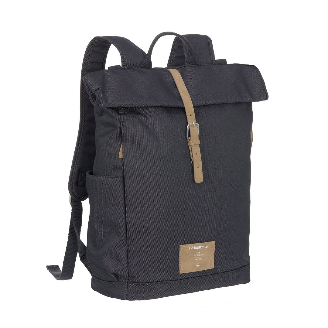 LÄSSIG Wickelrucksack Rolltop Backpack Denim Blue – dunkelblauer Wickelrucksack mit Rollverschluss und praktischen Außenfächern