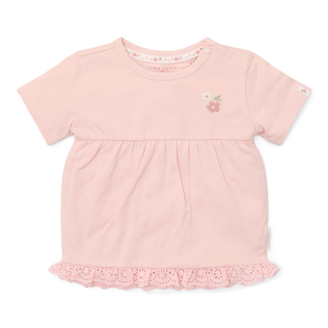 Rosafarbenes T-Shirt Lotus mit Blumenstickerei und Rüschen