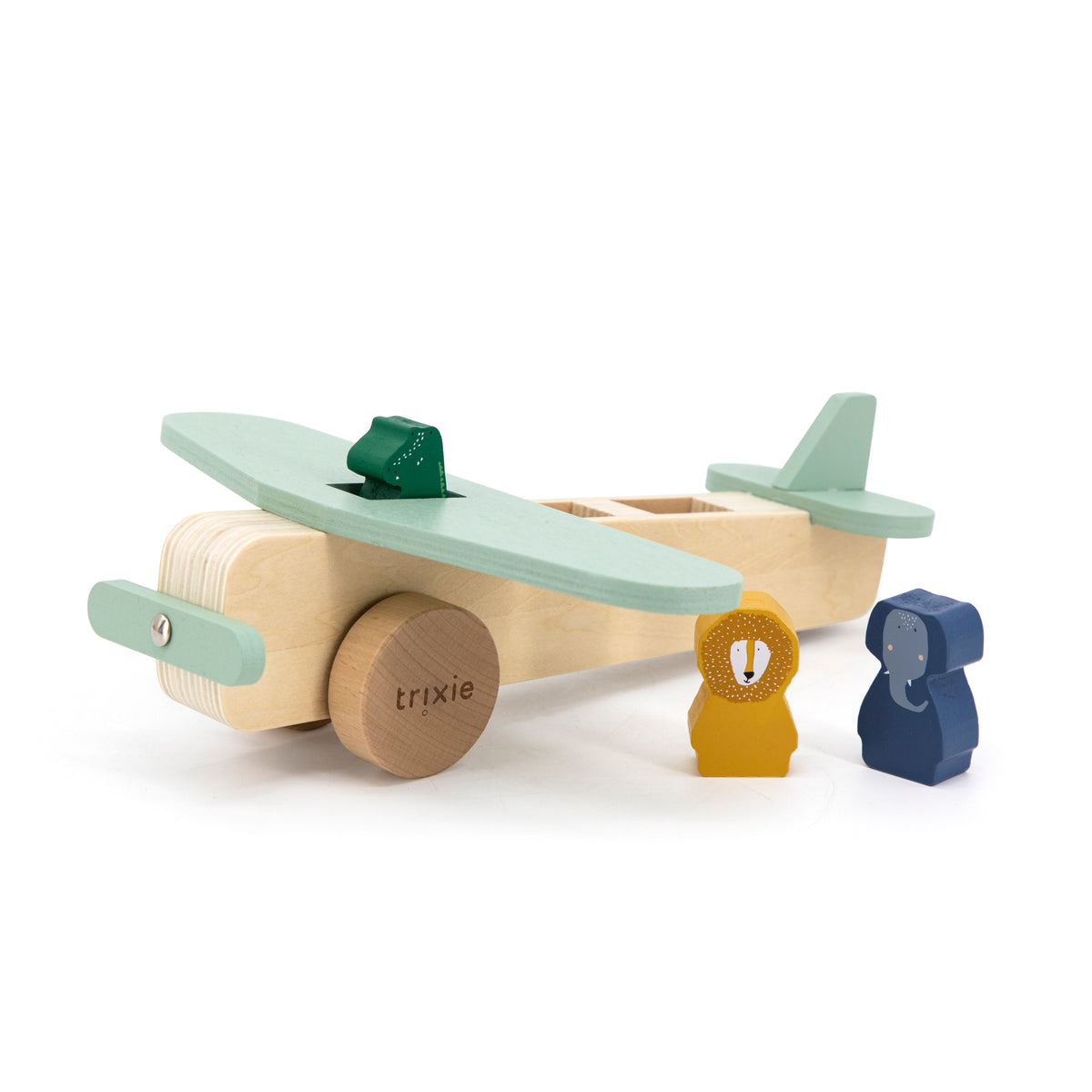 Trixie Holz-Flugzeug mit Tieren – mit Tierfiguren neben dem Flugzeug