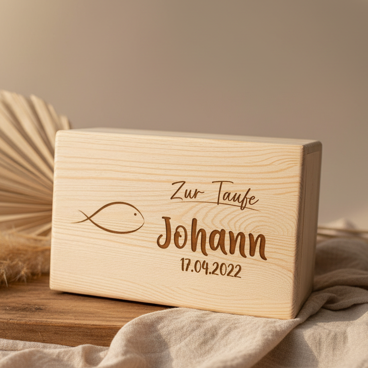 Personalisierte Erinnerungsbox zur Taufe mit Name und Fischsymbol