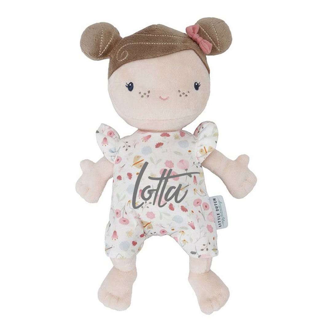 Personalisierte Kuschelpuppe Rosa mit Name – Produktansicht auf neutralem Hintergrund