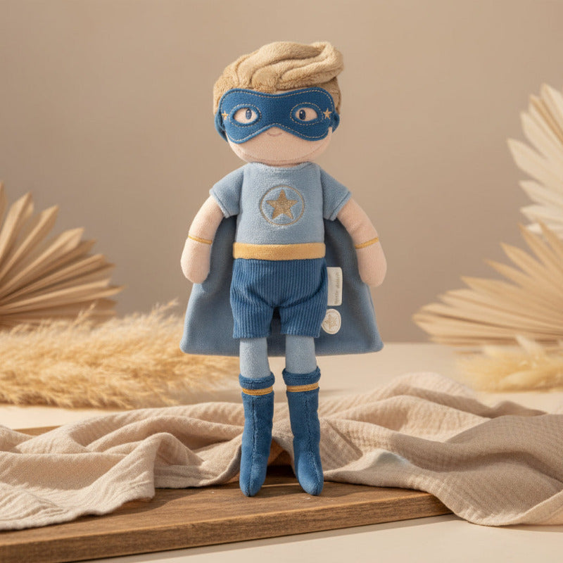 Kuschelpuppe Superheld Jim für Babys und Kinder – weiche Stoffpuppe zum Kuscheln und Spielen