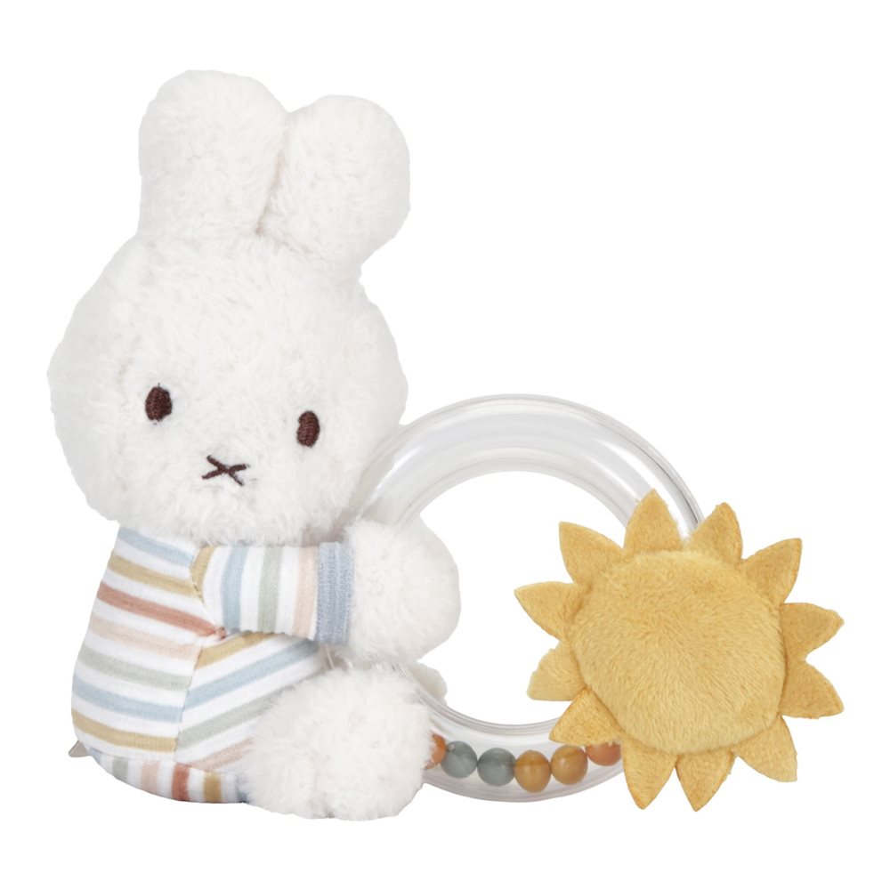 Miffy x Little Dutch Rassel-Greifling Vintage Sunny Stripes – weicher Miffy Hase mit Cord-Ring und Sonne als Babyspielzeug ab Geburt