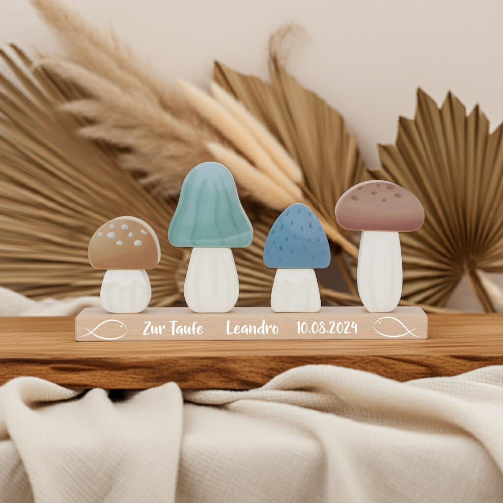 Stapel-Pilze Forest Friends aus Holz mit Personalisierung zur Taufe