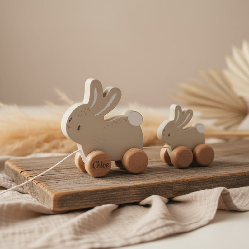 Personaliseerbaar houten trekdier Baby Bunny