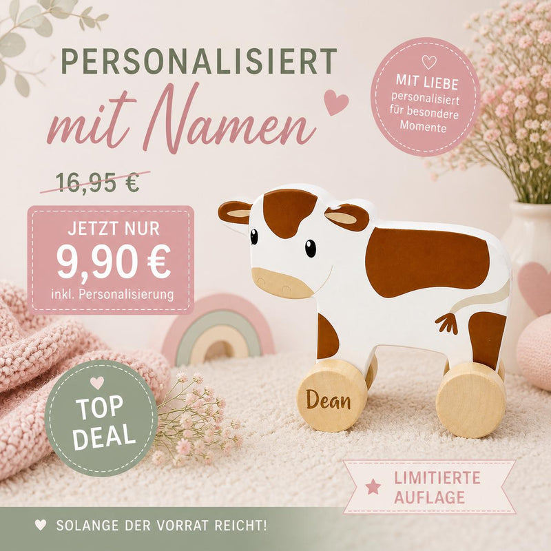 Personalisierte Holz-Kuh mit Name als kleines Geschenk zur Geburt