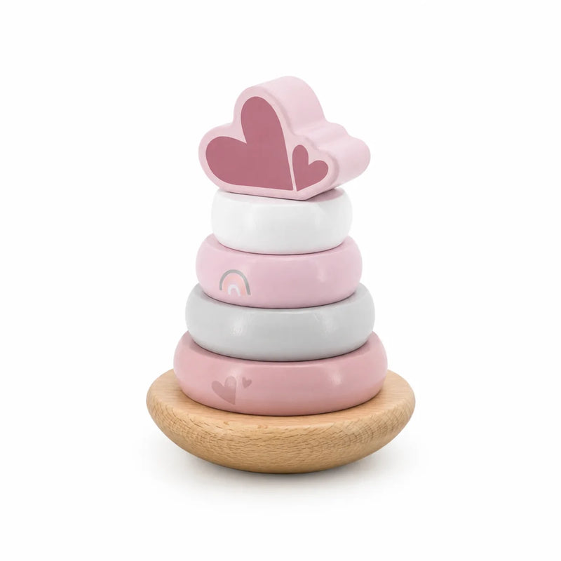Personalisierter Holz Stapelturm in Rosa von Label Label mit Stapelringen als besonderes Taufgeschenk