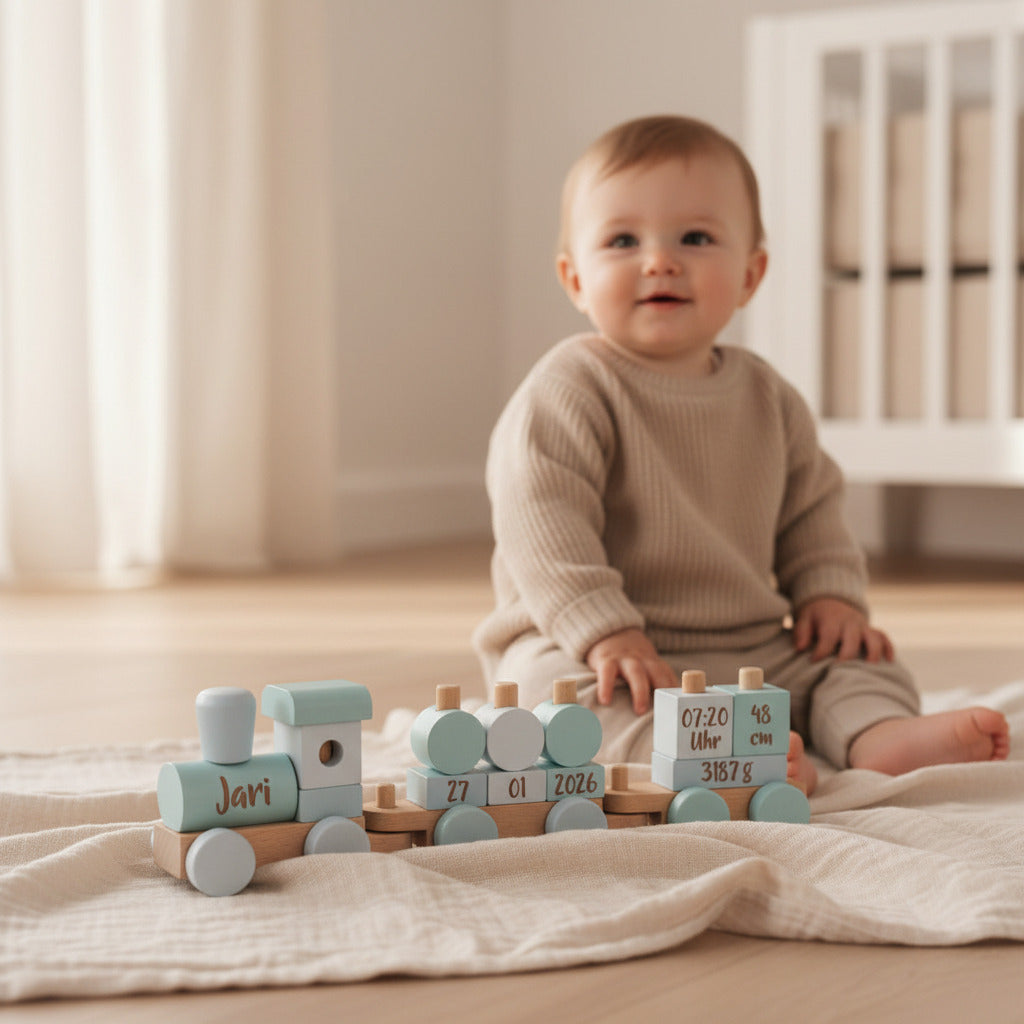 small-foot-Holzzug Blau mit Steckbausteinen und Namenspersonalisierung