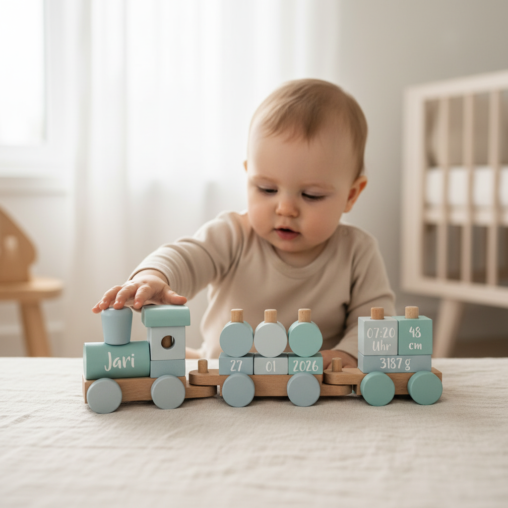 Baby spielt mit blauem personalisiertem Holzzug mit Name und Geburtsdaten