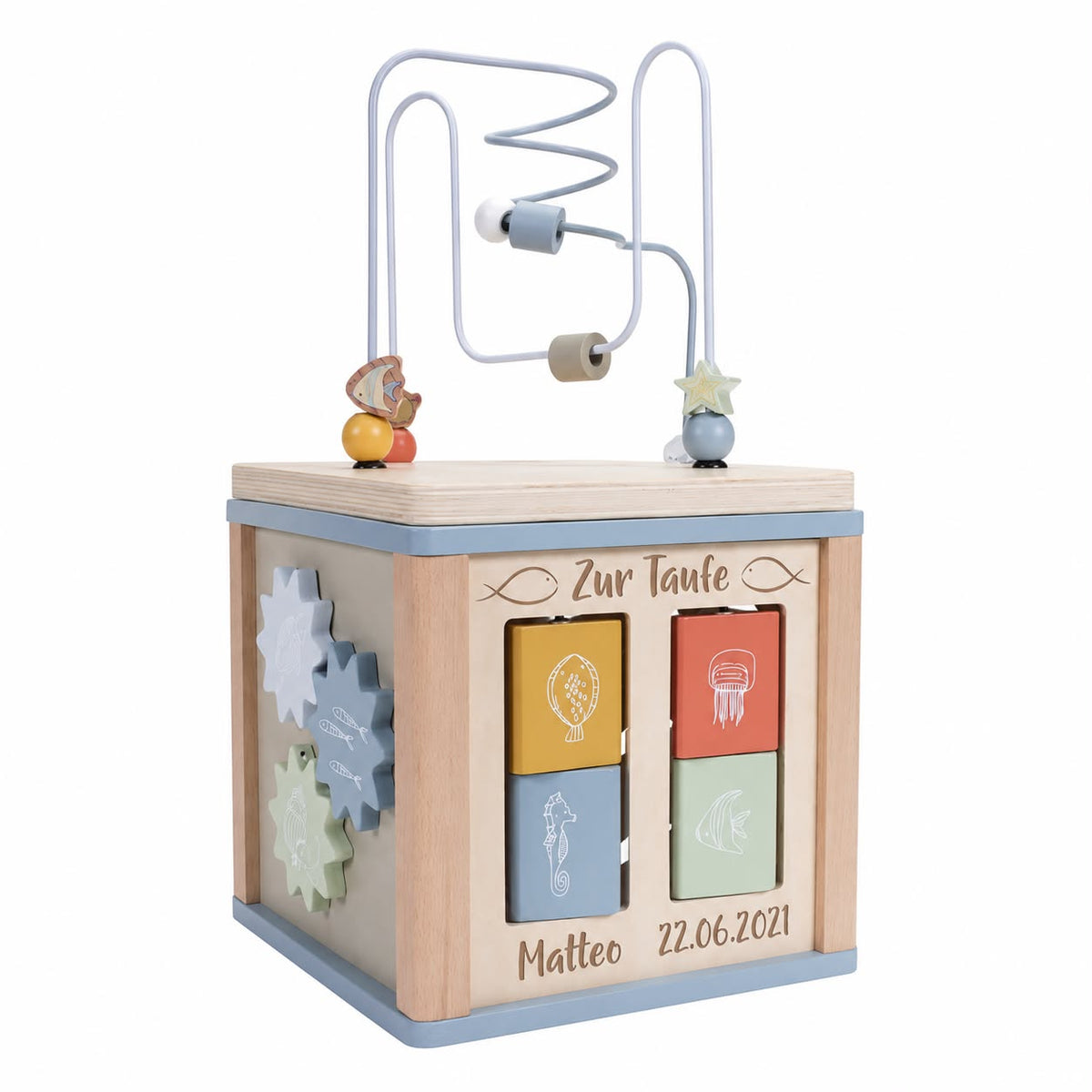 Personalisierter Ocean-Motorikwürfel mit Name und Datum aus Holz
