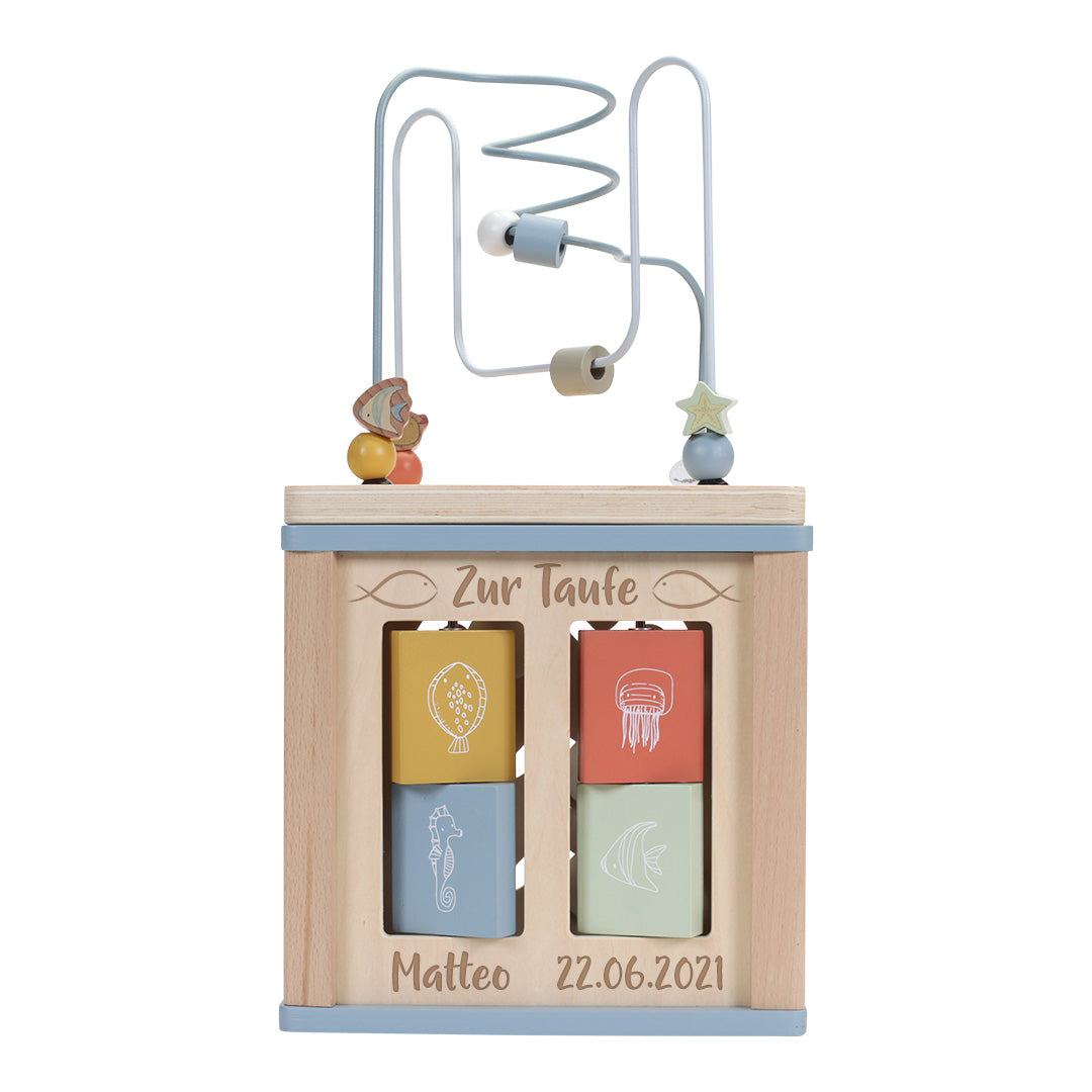 Holz-Motorikwürfel zur Taufe mit Name, Taufdatum und Spielmöglichkeiten