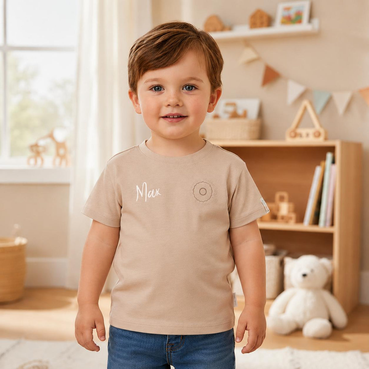 Kleinkind trägt ein personalisiertes beiges Kinder-T-Shirt mit dem Namen Max auf der Brust und steht in einem hellen Kinderzimmer.