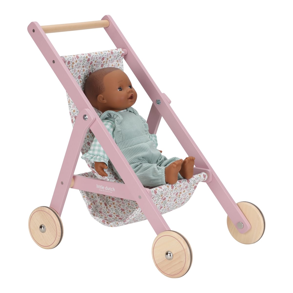 Holz-Puppenbuggy Soft Flowers mit Babypuppe