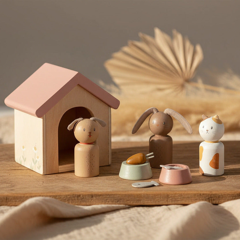 Little Dutch Puppenhaus-Erweiterungsset Haustiere aus Holz mit Hund, Katze und Kaninchen