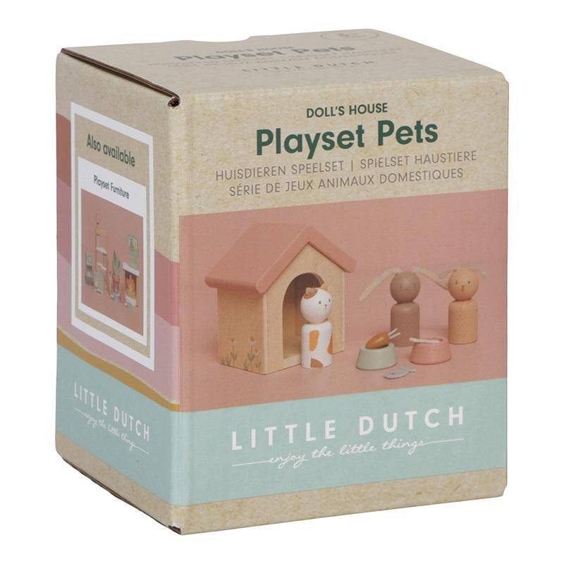 Little Dutch Puppenhaus-Set Haustiere – Detailansicht des Holz-Zubehörsets mit Tierfiguren, Futternäpfen und kleinen Leckereien