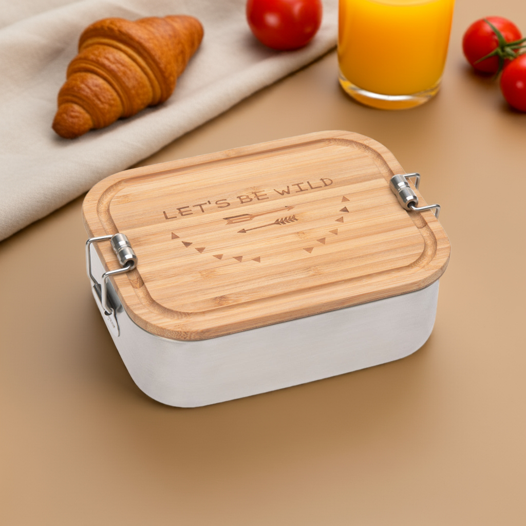 Personalisierbare Lässig Adventure Brotdose aus Edelstahl mit Bambusdeckel