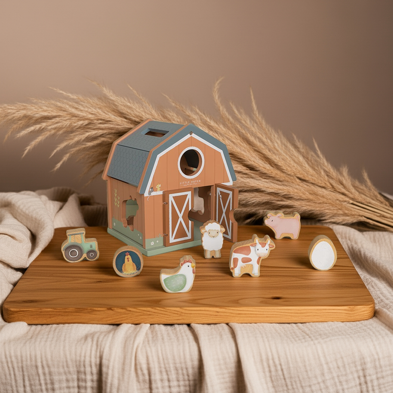 Little Dutch Formen-Steckspiel Little Farm mit Scheune und Tierfiguren