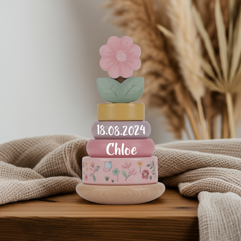 Personalisierter Holz-Stapelturm zur Geburt – Fairy Garden