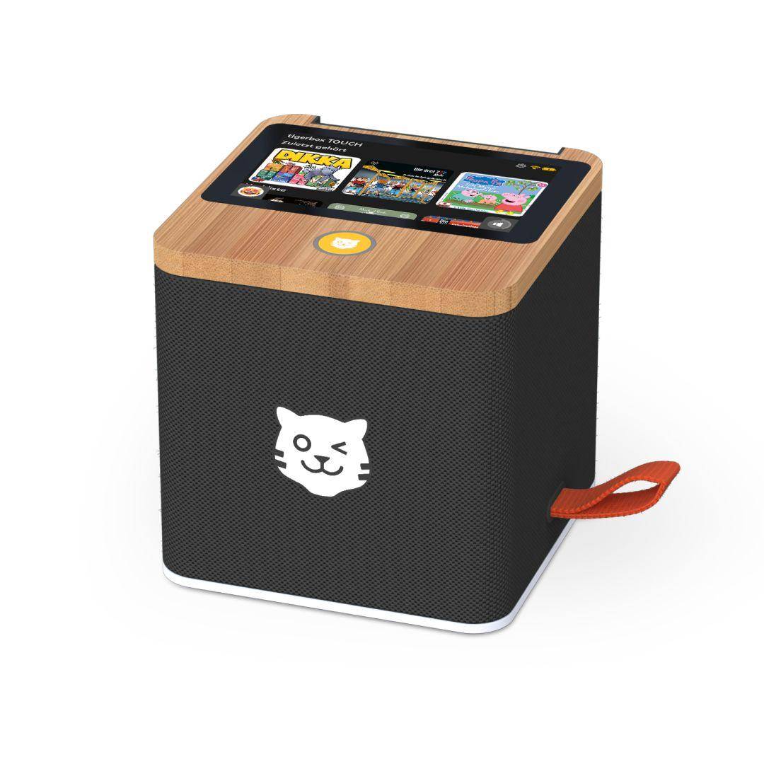 Schwarze tigerbox TOUCH PLUS von Tigermedia – Bluetooth-Hörbox für Kinder mit Touchdisplay und Zugriff auf die tigertones Audiothek