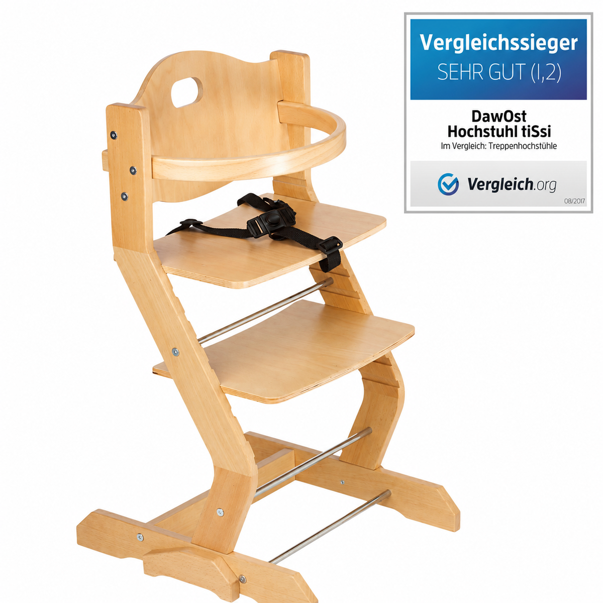 tiSsi Hochstuhl in Natur aus Buchenholz mit Tisch und Sicherheitsgurt