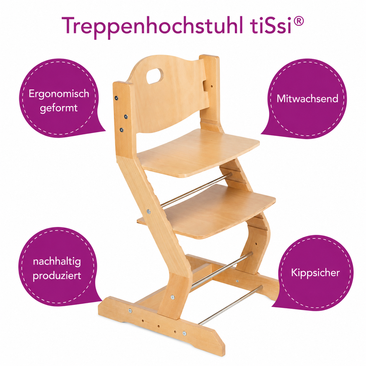 Seitenansicht des tiSsi Hochstuhls Natur aus massivem Buchenholz