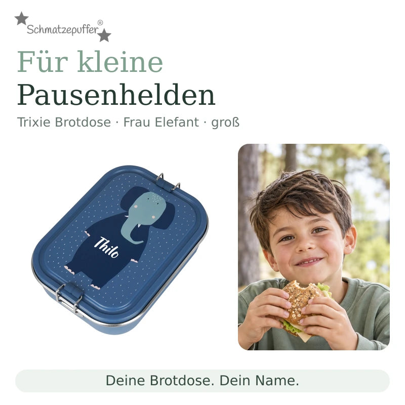 Trixie Brotdose Frau Elefant groß mit dem Namen Thilo neben einem Kind bei der Snackpause