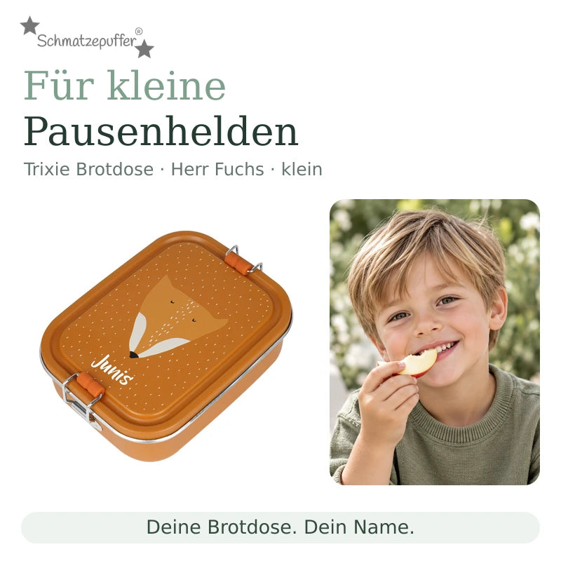 Trixie Brotdose Herr Fuchs klein mit dem Namen Junis neben einem Kind bei der Snackpause