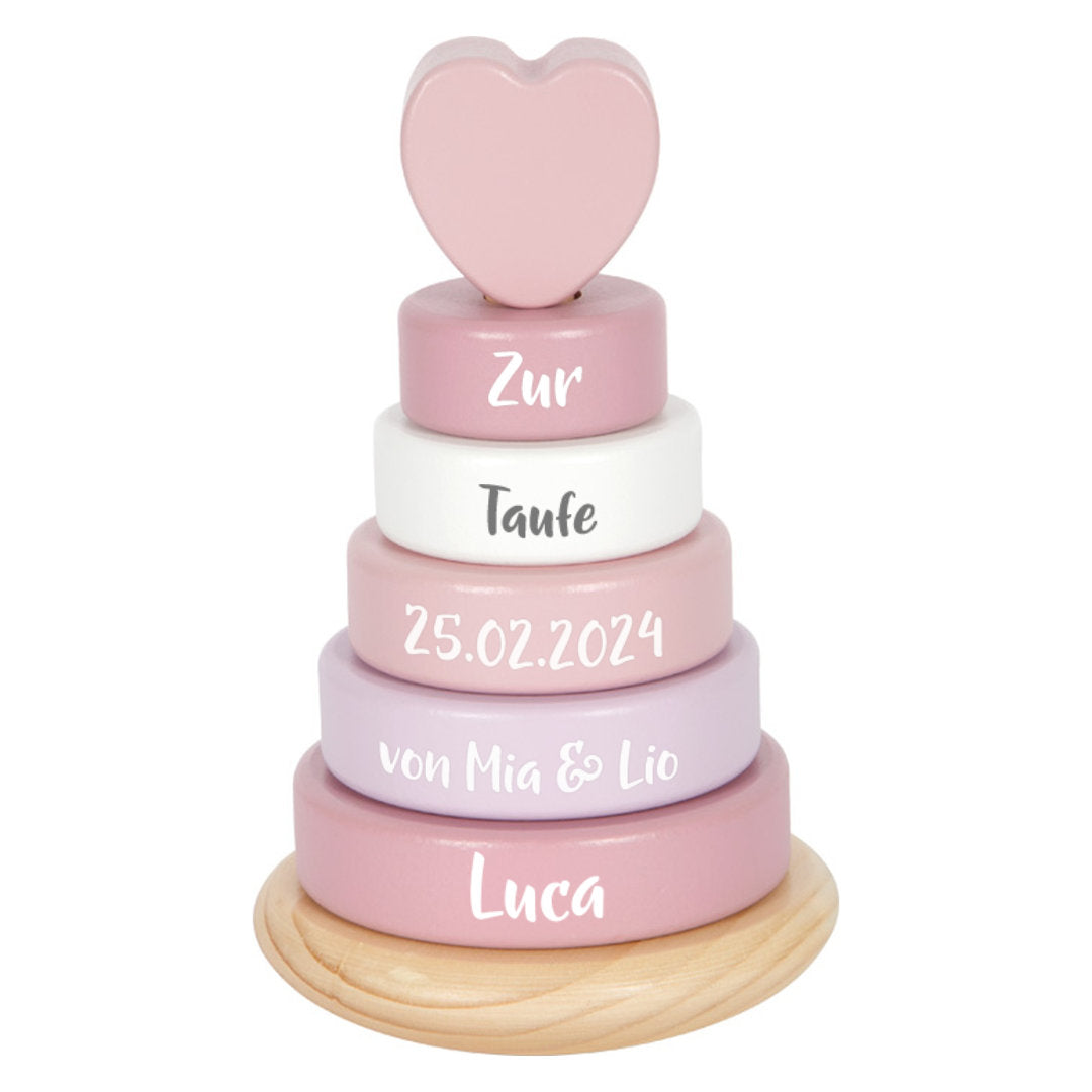 Personalisierter Stapelturm zur Taufe mit Name & Taufdatum | Rosa mit Herz