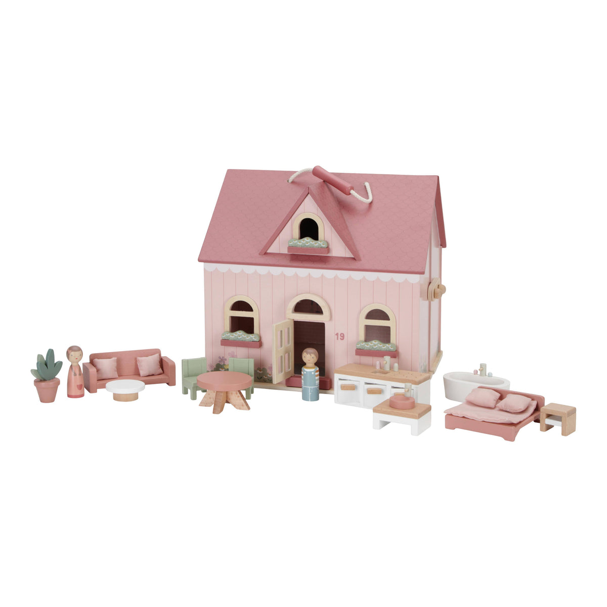 Tragbares Puppenhaus LD7116 – rosa Holzhaus mit Einrichtung