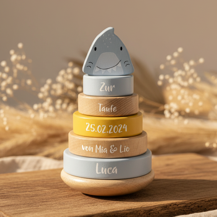 Personalisierter Trixie Holz-Stapelturm Herr Hai zur Taufe mit Name und Taufdatum – Taufgeschenk aus Holz