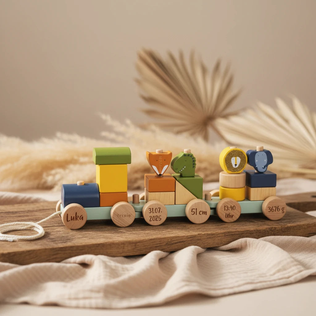 Trixie Holz-Zug Eisenbahn mit Tieren – Geschenk zur Geburt – mit Namensgravur in einer Szene