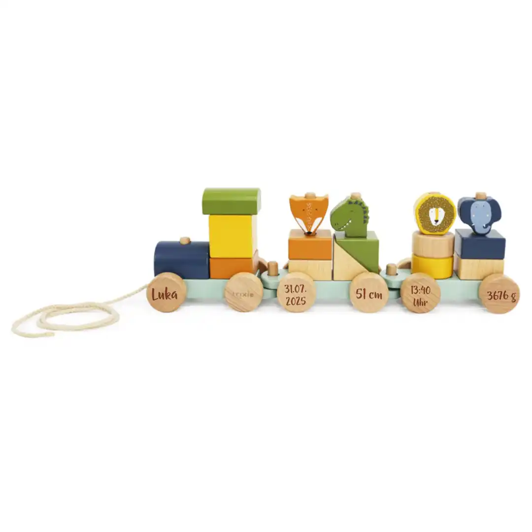 Trixie Holz-Zug Eisenbahn mit Tieren – Geschenk zur Geburt – mit Namensgravur und Tierfiguren