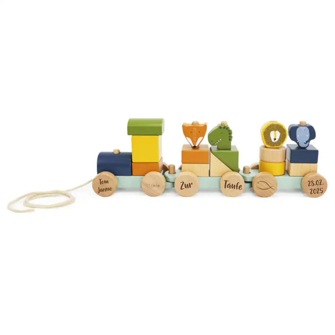 Trixie Personalisierter Holz-Zug Tier – Geschenk zur Taufe – mit Namensgravur und Tierfiguren