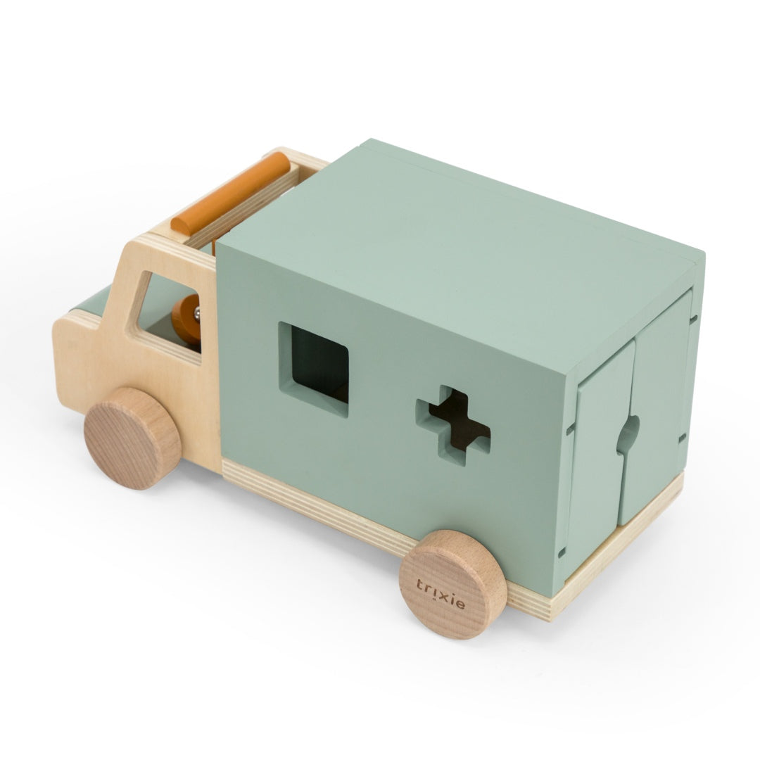 Trixie Krankenwagen aus Holz – Seitenansicht mit Heckklappe