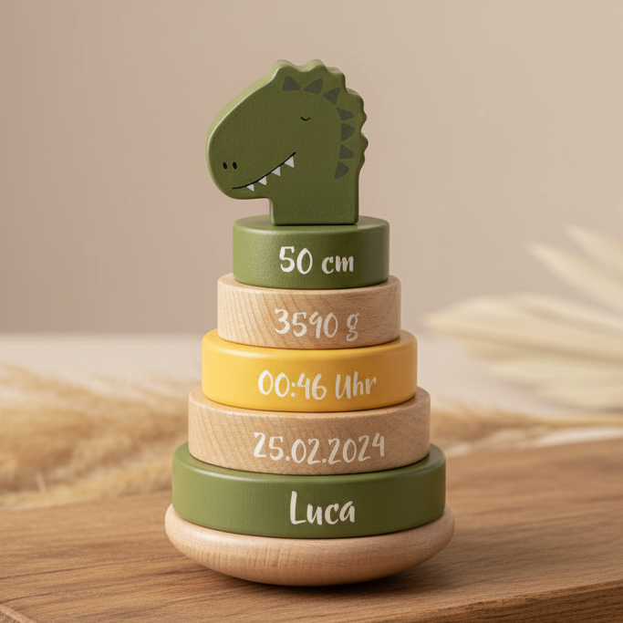 Trixie Personalisierter Holz Stapelturm Herr Dino – Geschenk zur Geburt – mit Name und Geburtsdaten in einer Szene