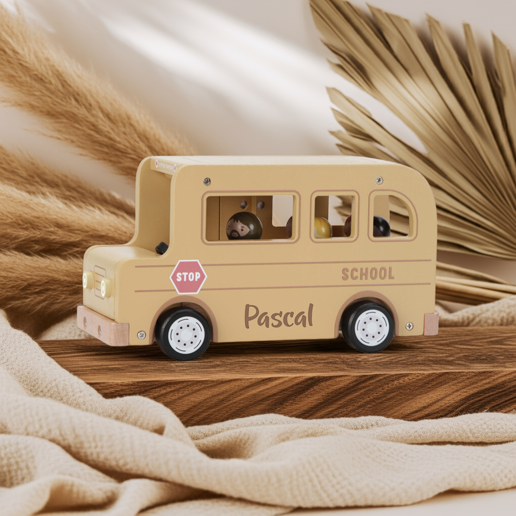 Personalisierter Schulbus aus Holz mit Name als Geschenk für Kinder