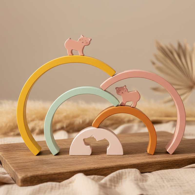 Trixie Regenbogen-Stapelspiel aus Holz – Frau Katze – mit getrennten Regenbogenbögen in einer Szene