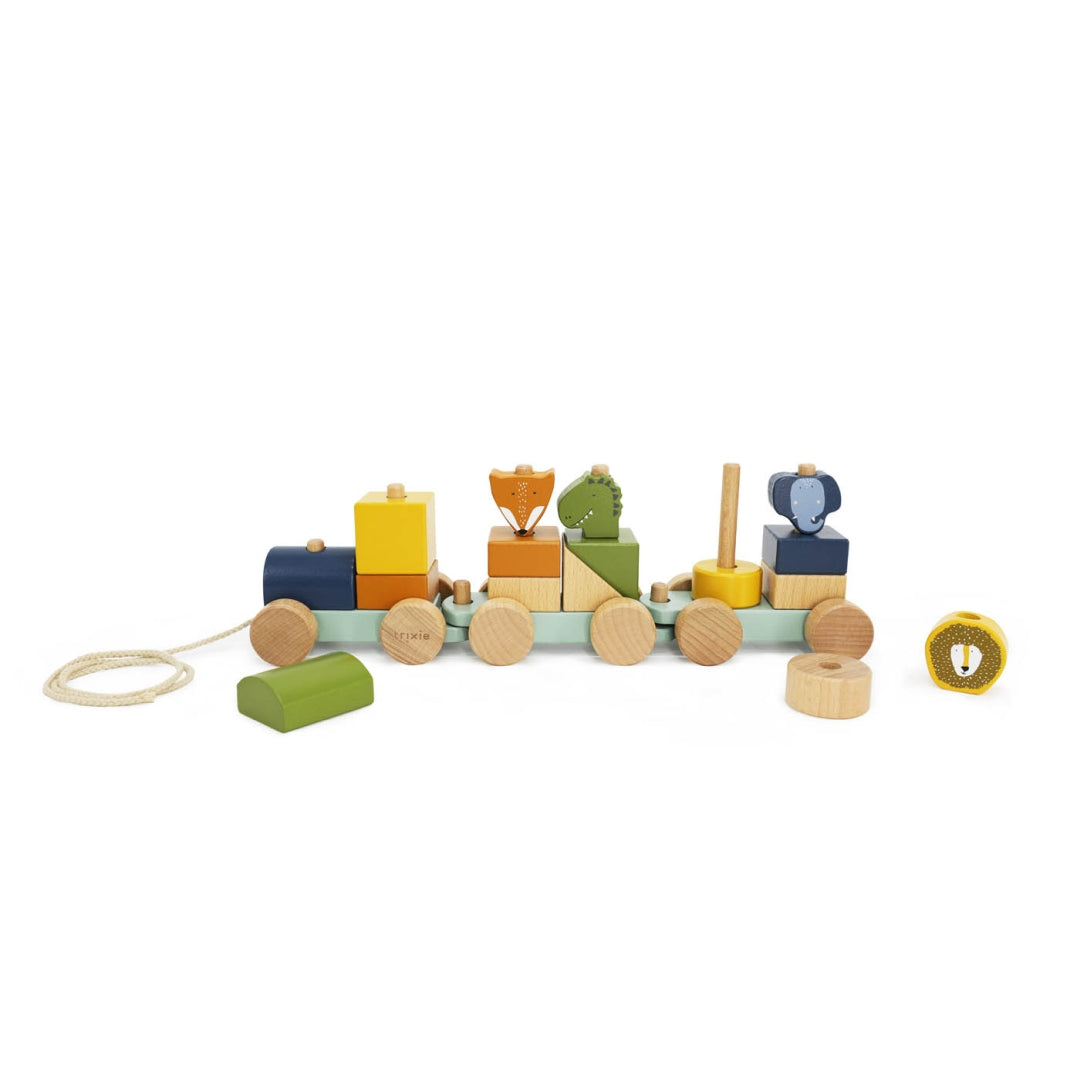 Trixie Personalisierter Holz-Zug Tier – Geschenk zur Taufe – mit abgenommenen Tierfiguren und Stapelsteinen
