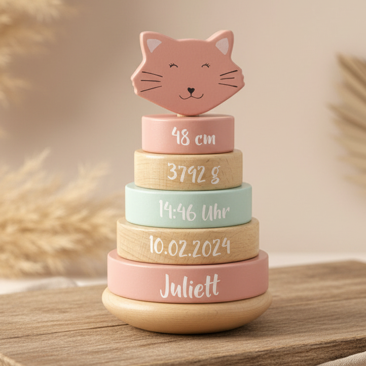 Trixie Holz Stapelturm Frau Katze zur Geburt – mit Name und Geburtsdaten in einer Szene