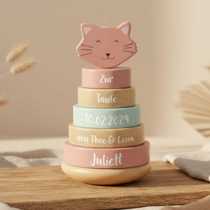 Stapelturm Frau Katze zur Taufe personalisiert mit Name und Taufdatum – Geschenk aus Holz