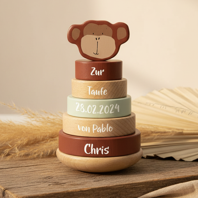 Stapelturm Affe zur Taufe personalisiert mit Name und Taufdatum – Geschenkidee aus Holz