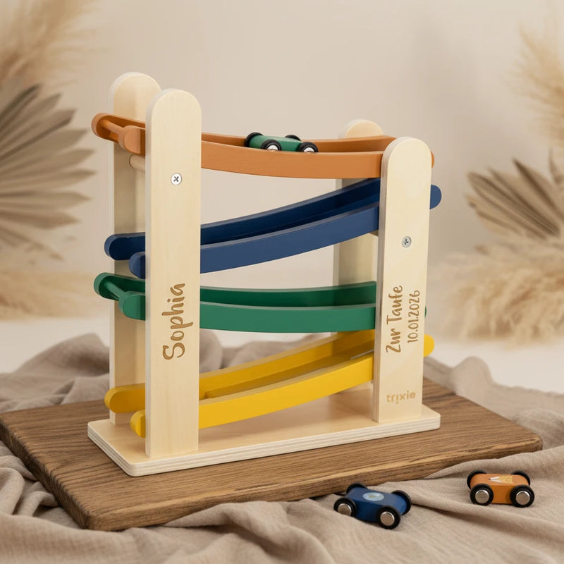 Personalisierte Holz-Rennbahn mit 4 Autos zur Taufe – Geschenk für Kinder mit Name und Taufdatum