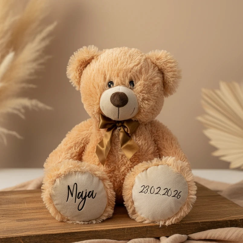Personalisierter Teddybär in Apricot mit Name und Geburtsdatum – personalisiertes Babygeschenk