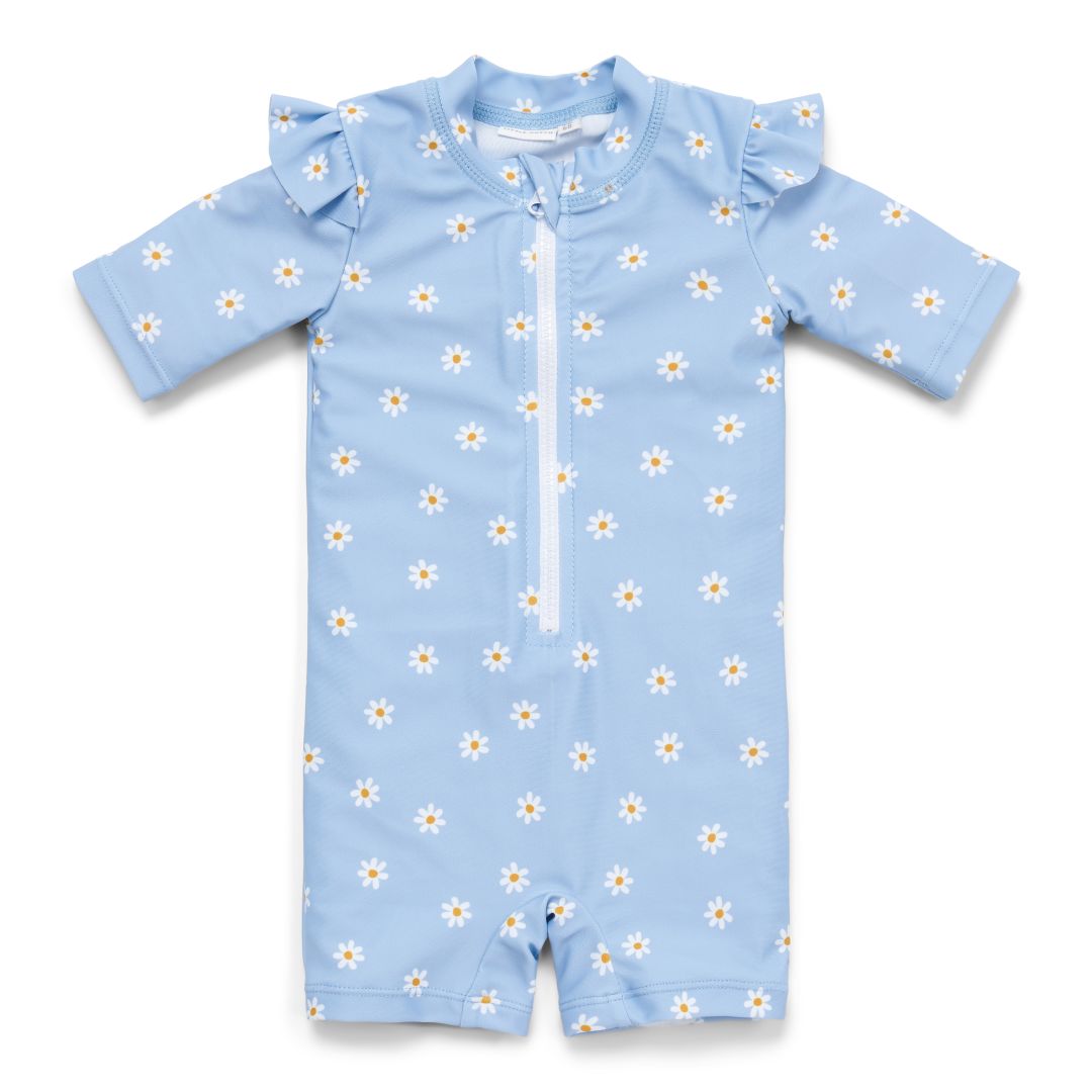Little Dutch Badeanzug Daisies Blue mit kurzen Ärmeln und Rüschen