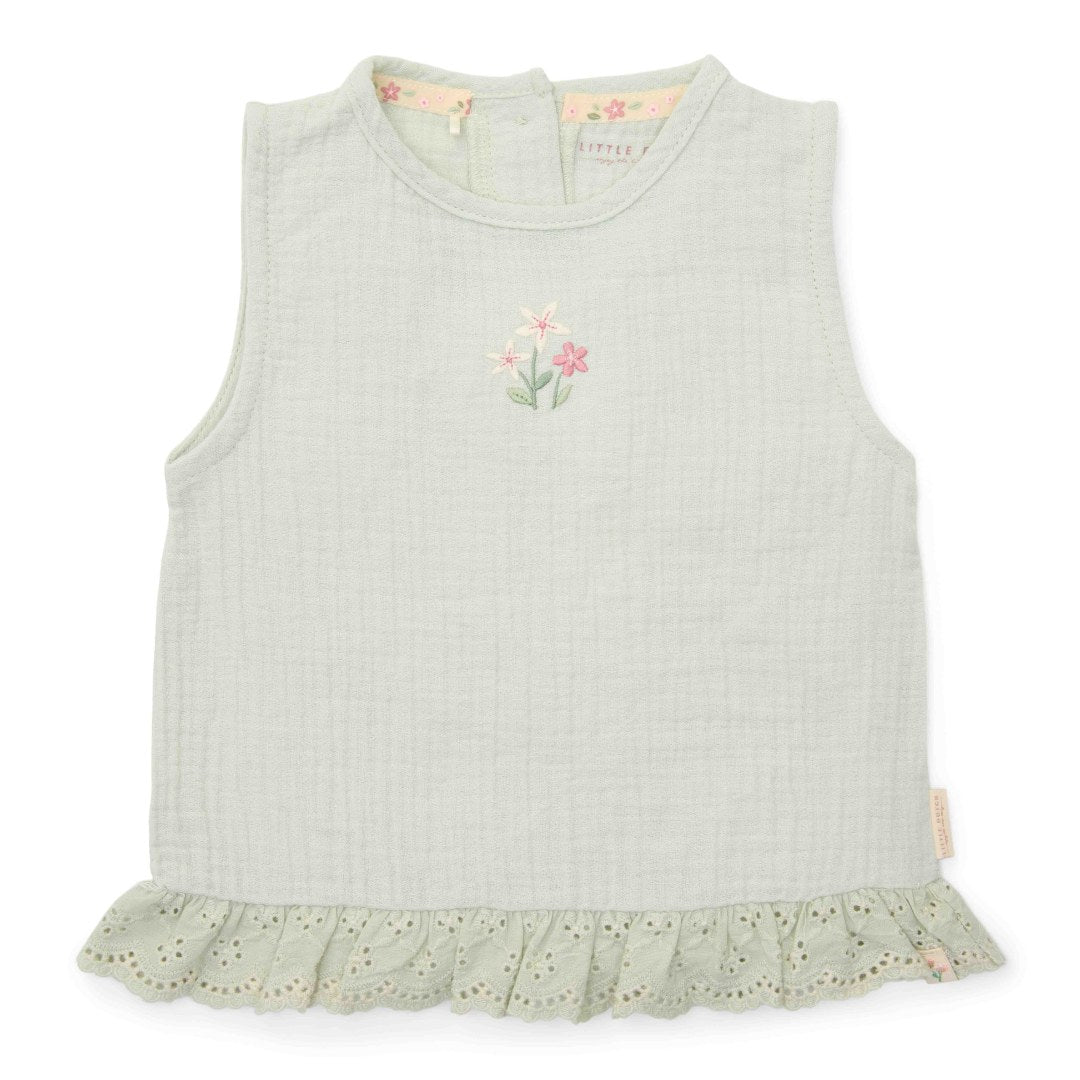 Ärmellose Bluse Fairy Mint von Little Dutch – grünes Oberteil mit Blumenstickerei und Rüschenabschluss