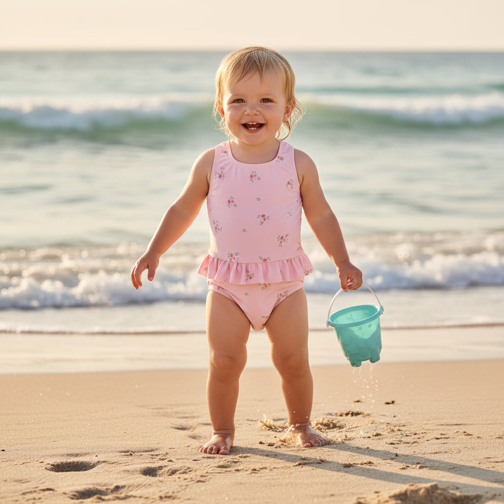 Badeanzug Rosy Meadows Pink von Little Dutch – Kinderbadeanzug mit Blumenmuster und Volants